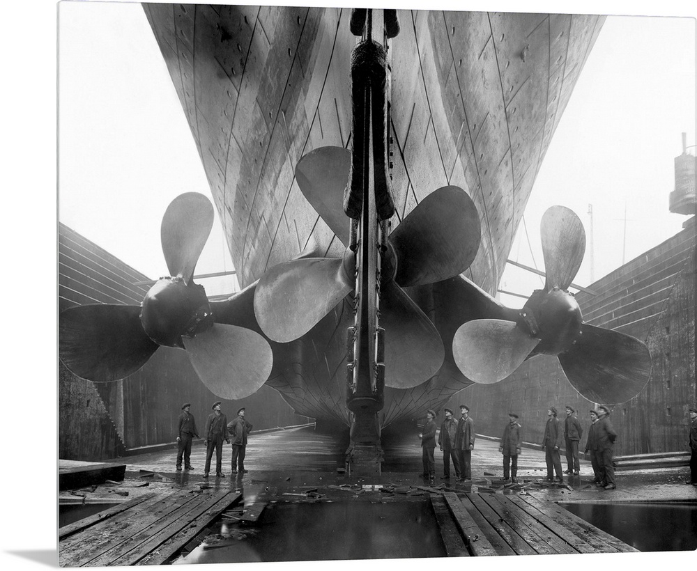 The RMS Titanic's propellers as the mighty ship sits in dry dock.