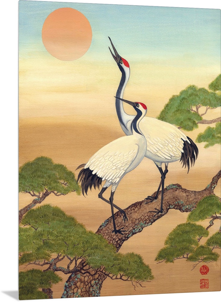 Asian style painting of two cranes perched in a tree, looking at the sun.