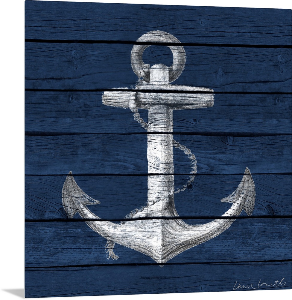 A painting of an anchor on a blue wood paneled background.