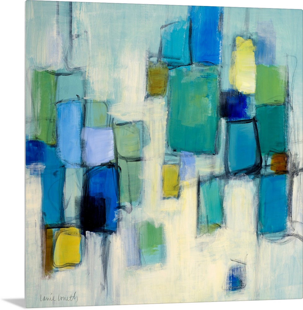 Big abstract art uses a variety of cool toned rectangles and squares to contrast the simple background.