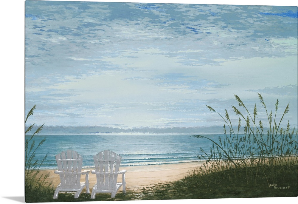 Contemporary painting of two adirondack chairs in the sand overlooking the beach.
