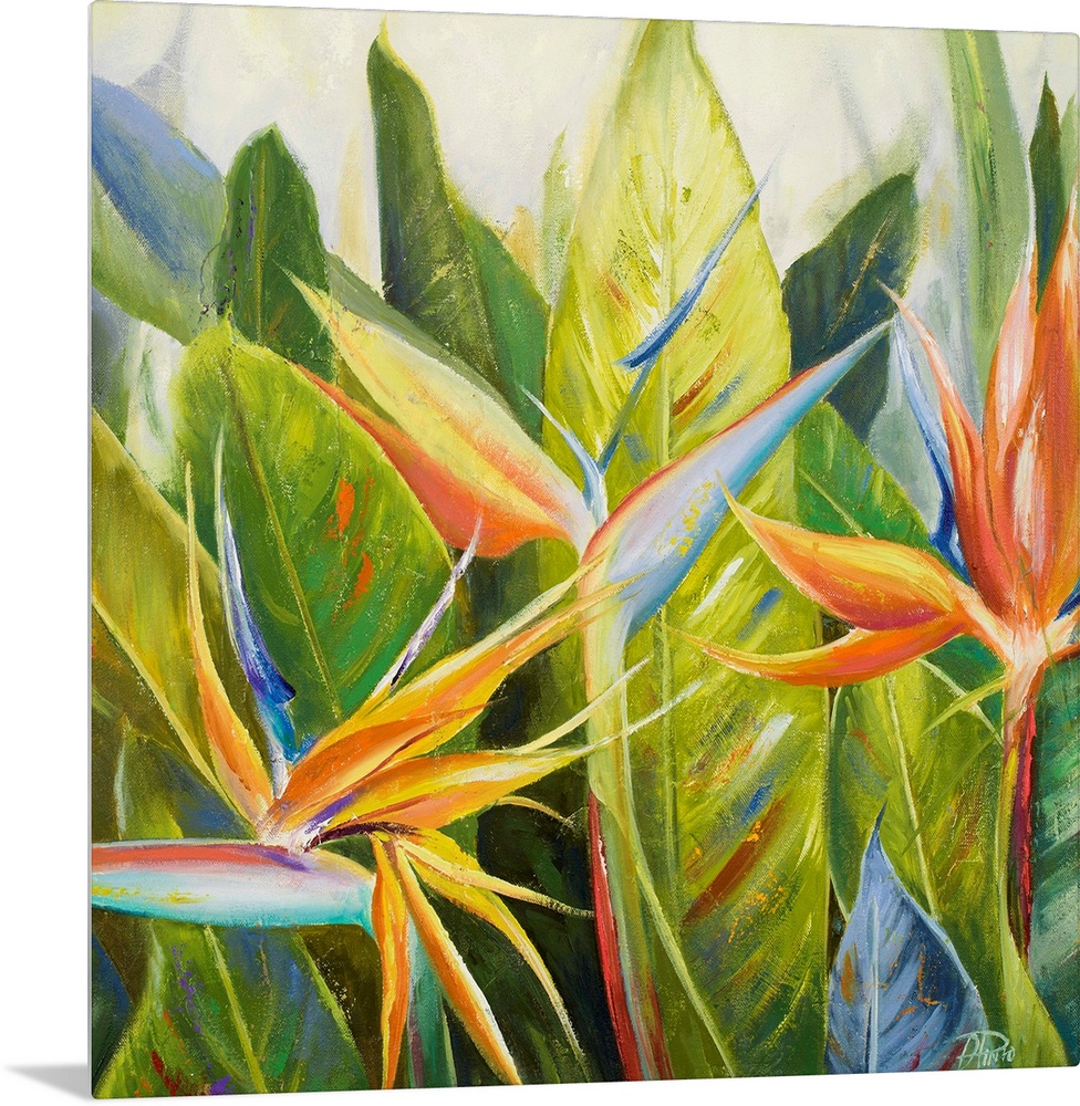Contemporary artwork of multicolored plants and large green leaves standing straight up in the background.