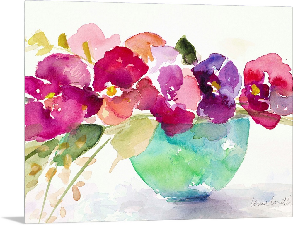 Watercolor painting of flowers in a blue bowl.
