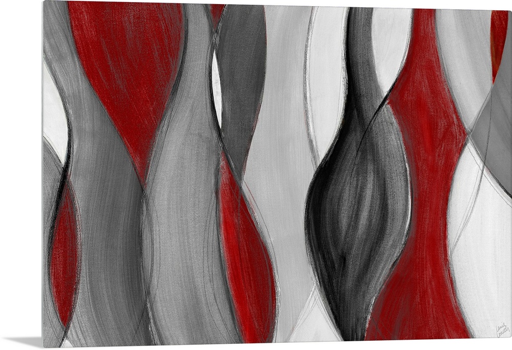 Horizontal abstract painting of swirling, vertical curves.