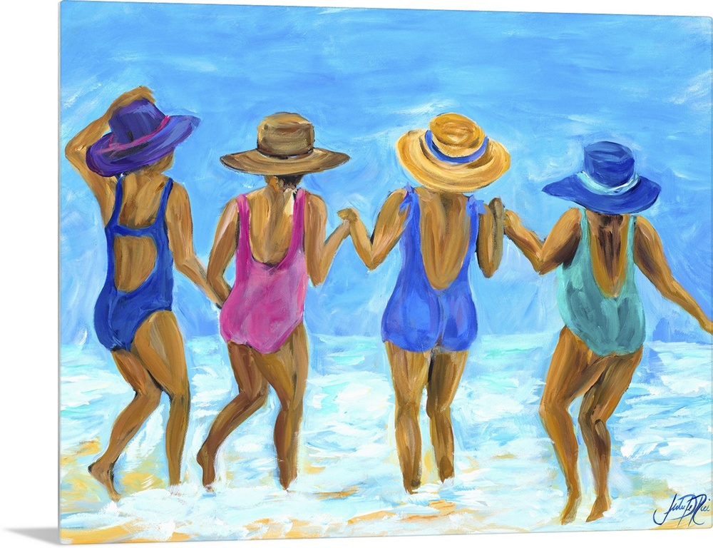 Painting of four ladies in hats and swimsuits playing in the ocean.