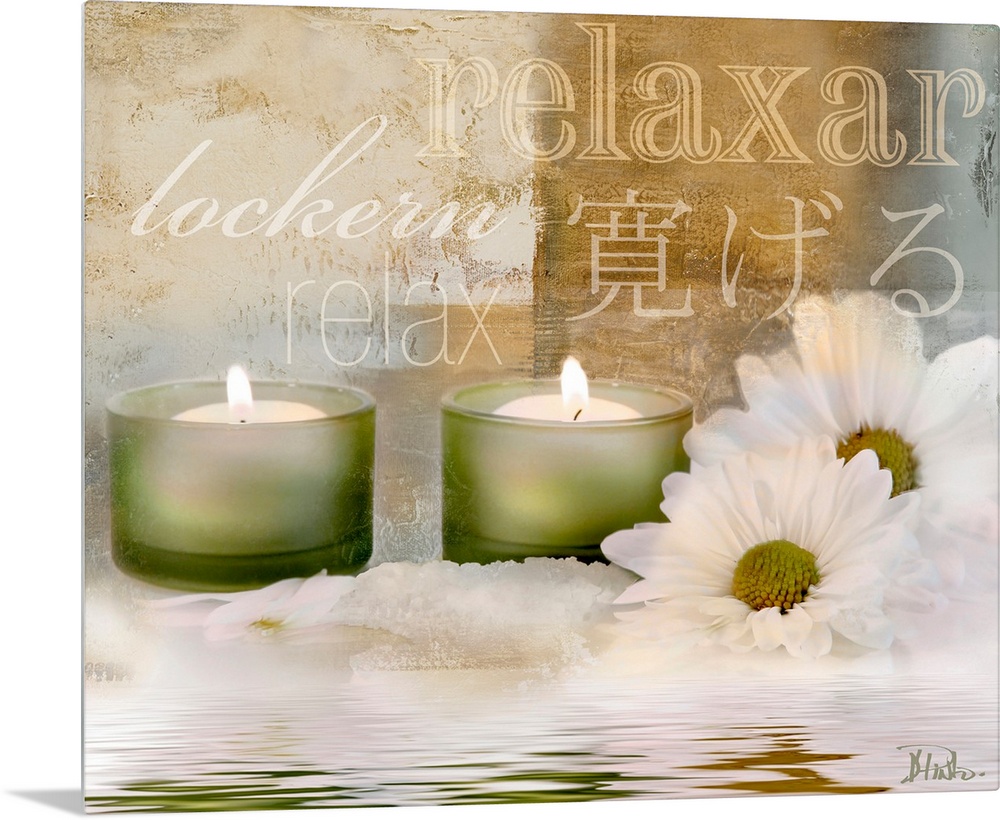 Digital artwork of candles and flowers sitting in water with typographic design in background.