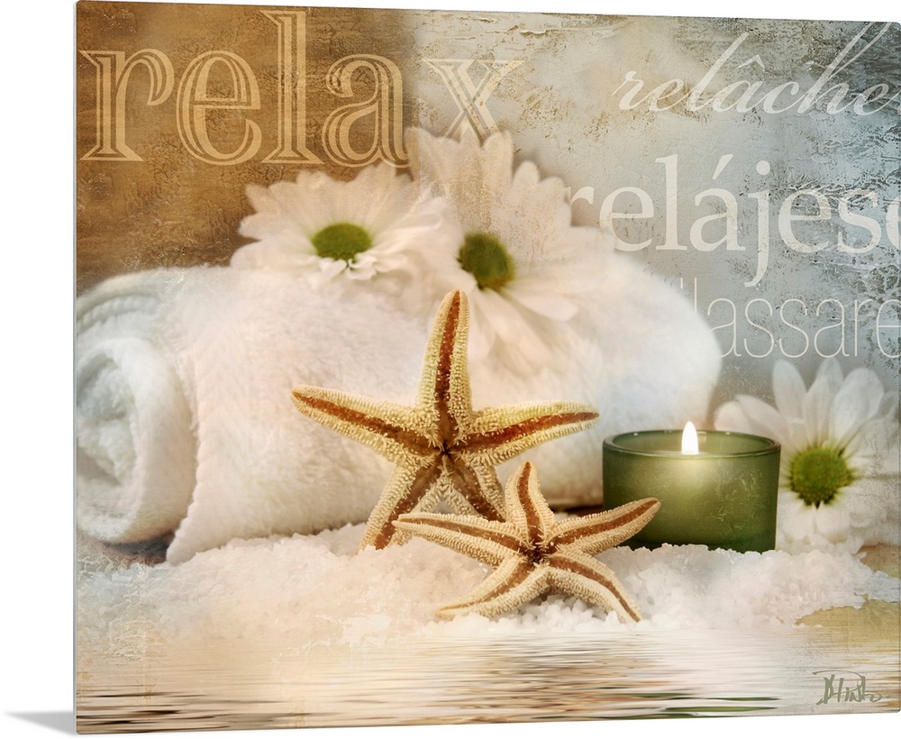 Seaside spa themed home docor wall art of daisies, starfish, a candle, and super imposed typography saying orelaxo in diff...