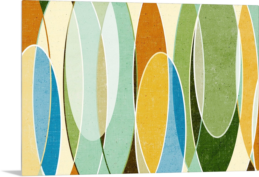 Abstract painting with a mid-century feel of organic shapes with clean lines and mild colors.