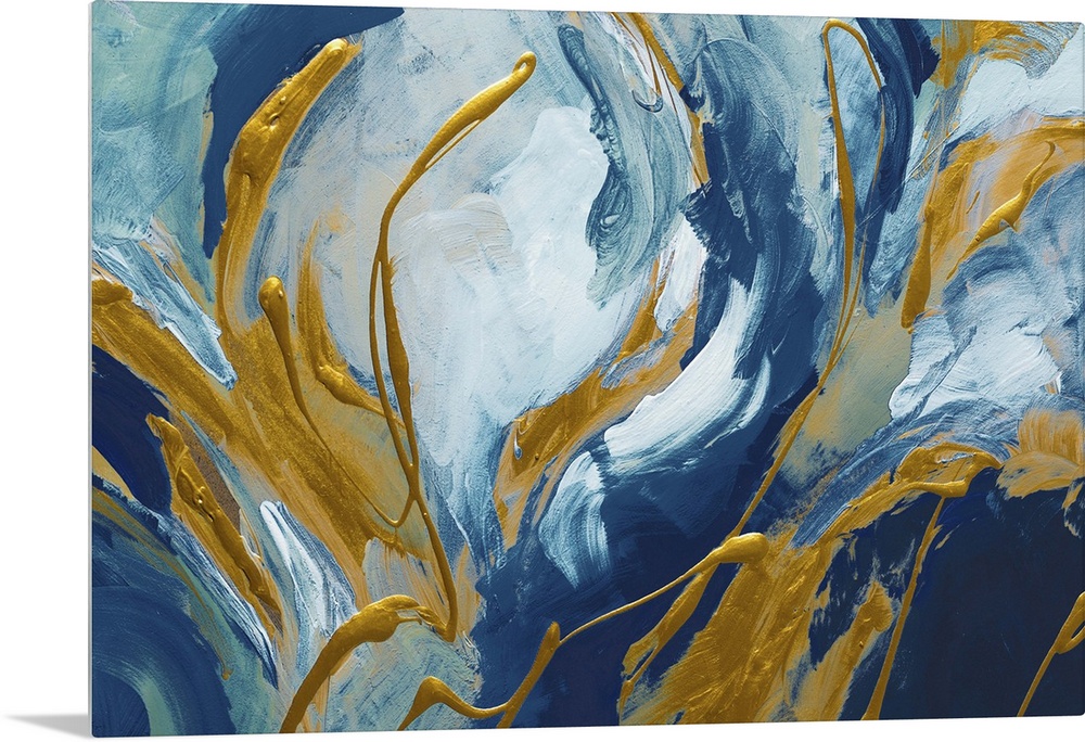 Abstract artwork in blue and white with golden swirls.
