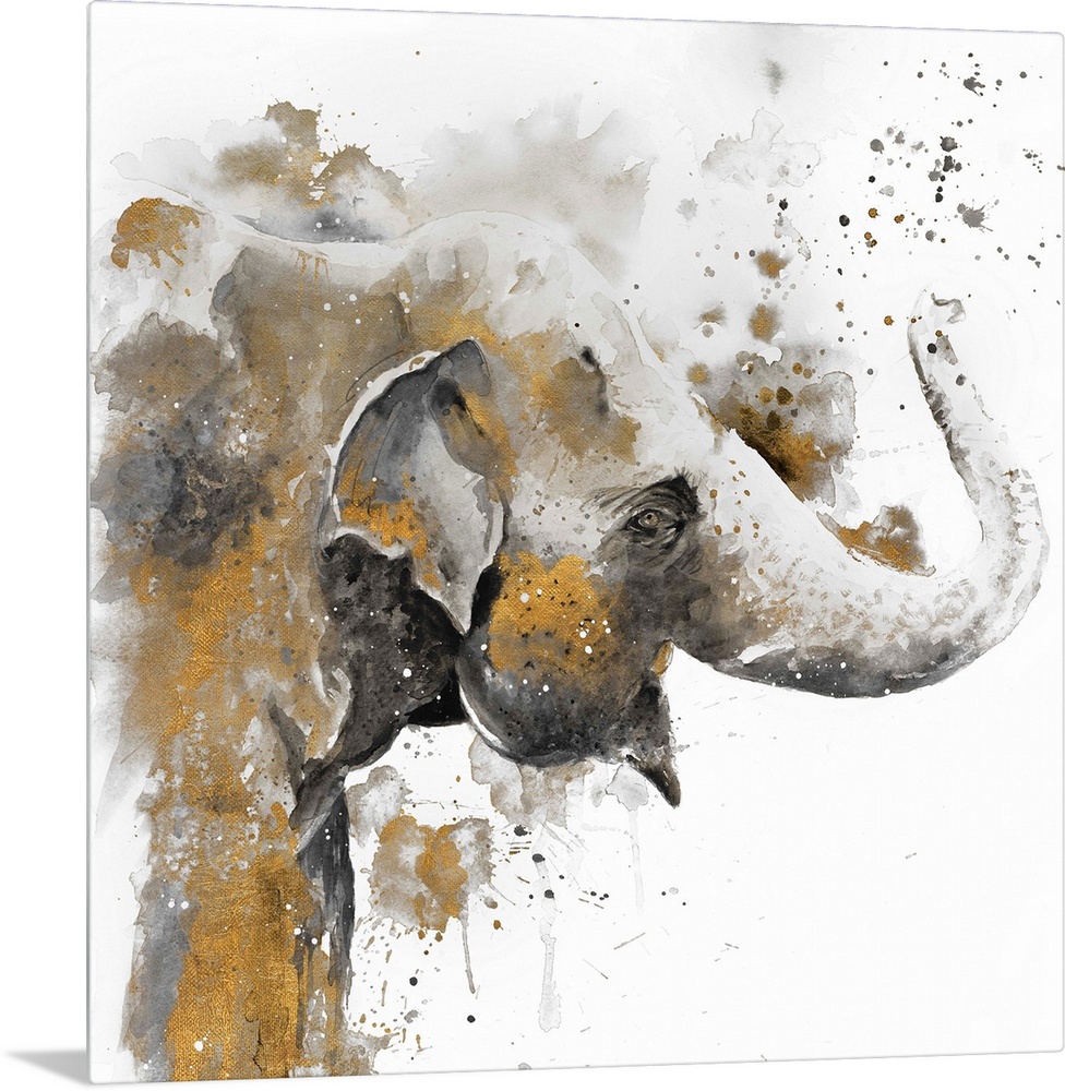 Watercolor painting of an elephant embellished with gold and paint splatters.