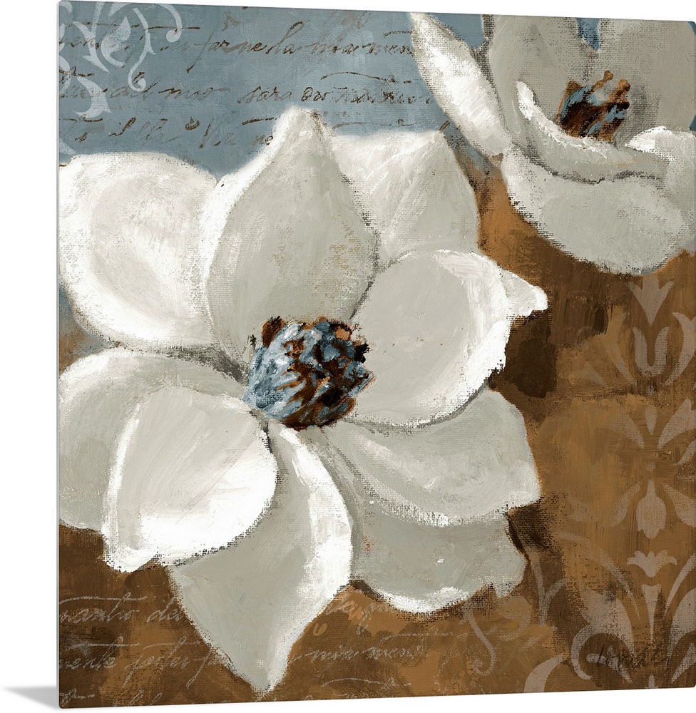 Square wall art of two flower blossoms painted on decorative backgrounds containing hand written words.