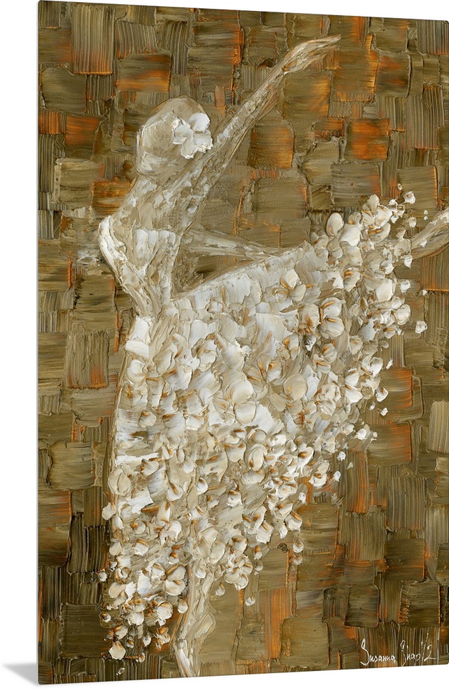 Painting of a ballerina in a white ball gown on an abstract background of cool brown and rust shades.