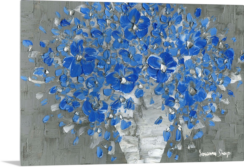 Contemporary painting of a bouquet of blue flowers with silver highlights in a white vase with a gray textured background.