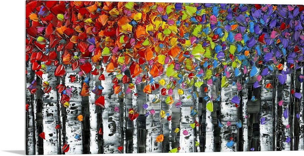 Contemporary multicolored birch trees in a forest landscape.
