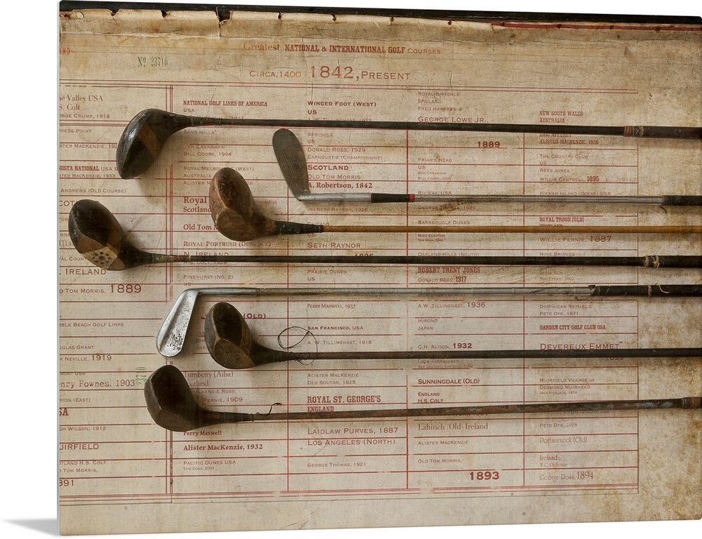 Antique golf clubs are lined up and lay over a vintage poster of major golf tournaments.