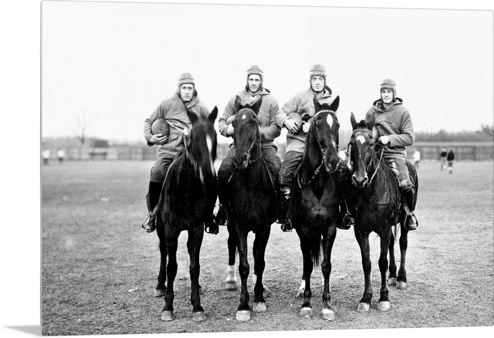 'The Four Horsemen,' the Notre Dame backfield of 1924 on horseback. Don Miller, Elmer Layden, Sleepy Crowley and Harry Stu...