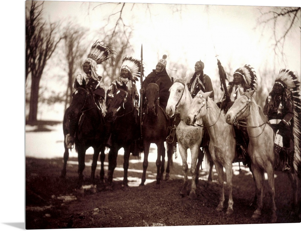 Native American Chiefs. Six Tribal Chiefs, In Ceremonial Attire. Left To Right, Little Plume (Piegan), Buckskin Charley (U...