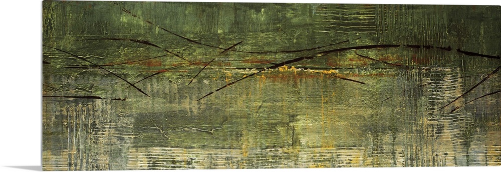 Abstract painting reminiscent of a city skyline in a monochromatic color scheme.