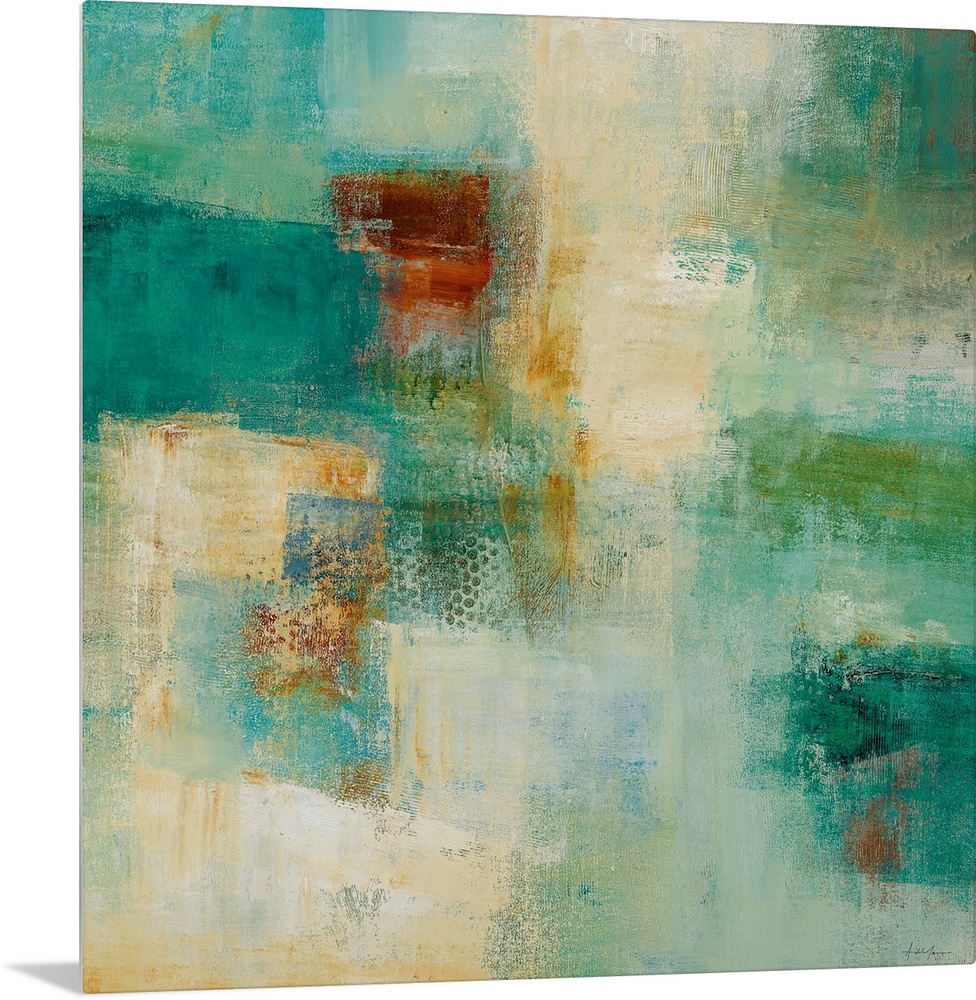 Square abstract painting with warm and cool patches of color in rough textures.