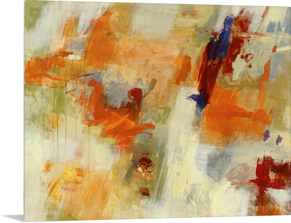 Colorful contemporary abstract painting consisting of wide brush strokes and dripping painting.