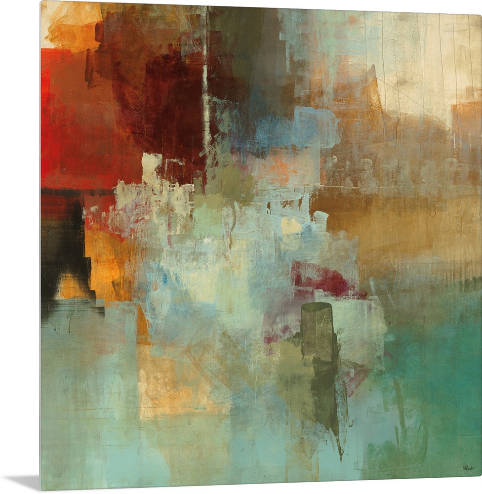 Large, square contemporary painting in a variety of warm and cool colors of patchy, square and rectangular shapes, with sp...