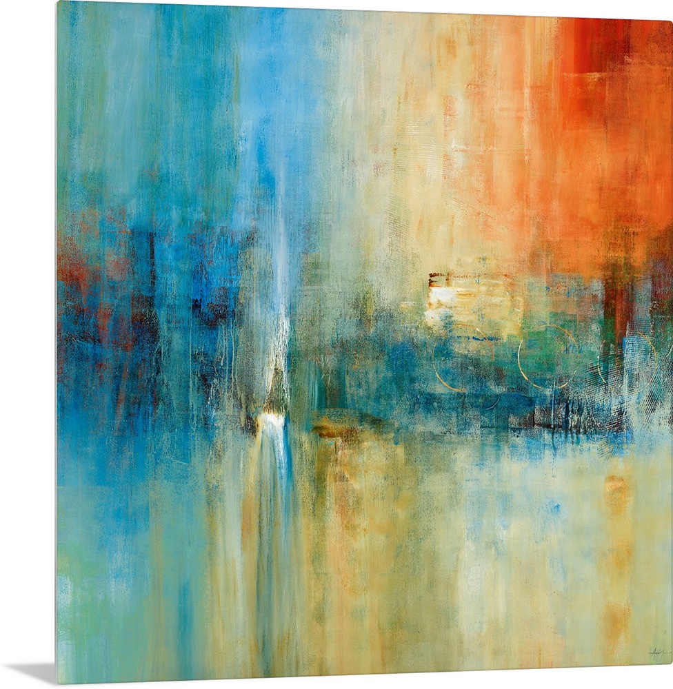 A square abstract painting with strong vertical movement and dramatic use of color. The serene composition and simplistic ...