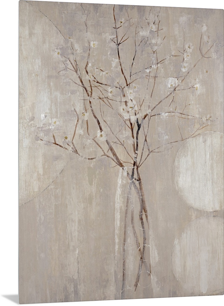 A monochromatic vertical painting of  twigs with tiny flowers.