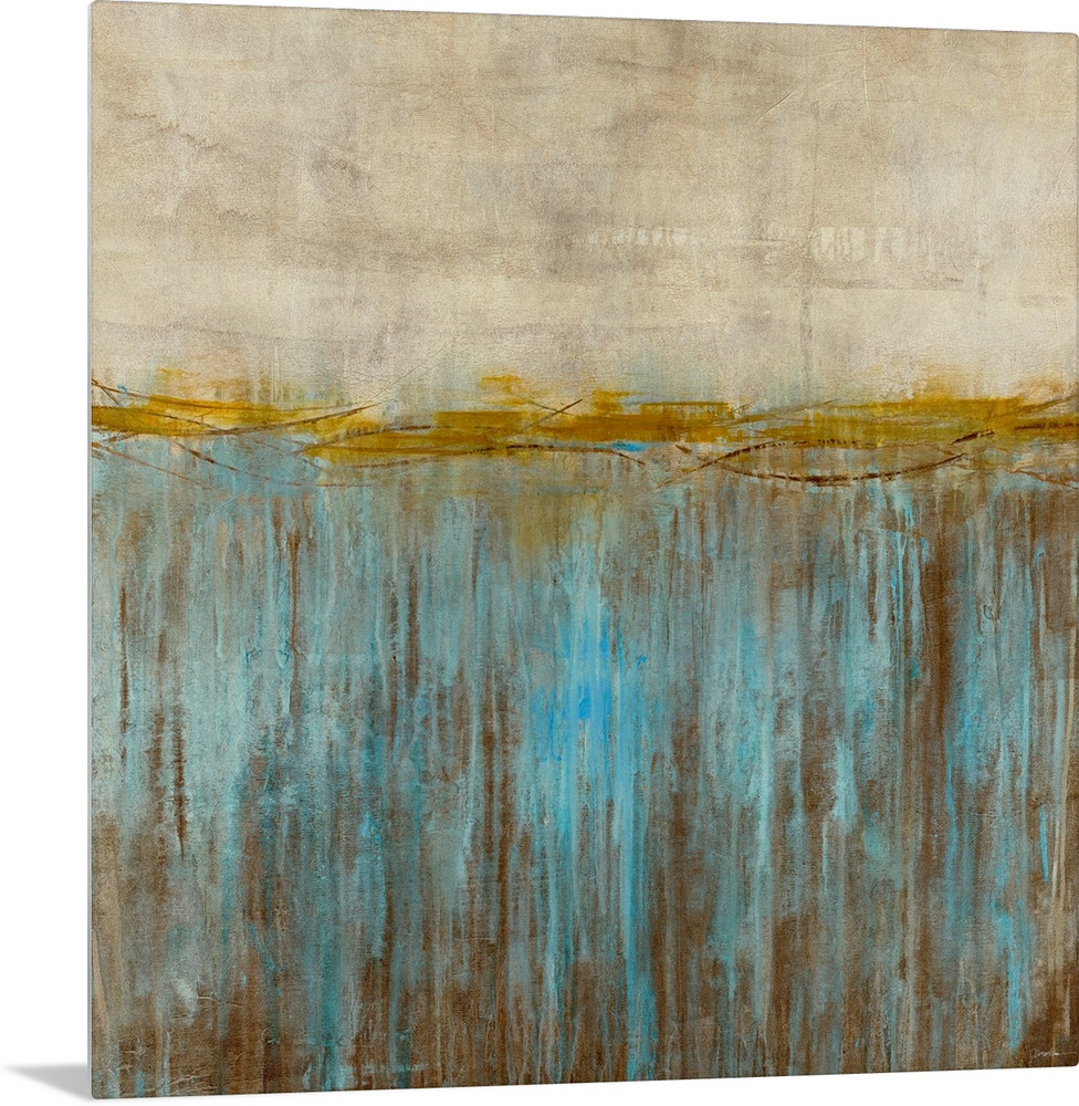 This square shaped abstract wall art is divided into three different paint textures; the top two sections have horizontal ...