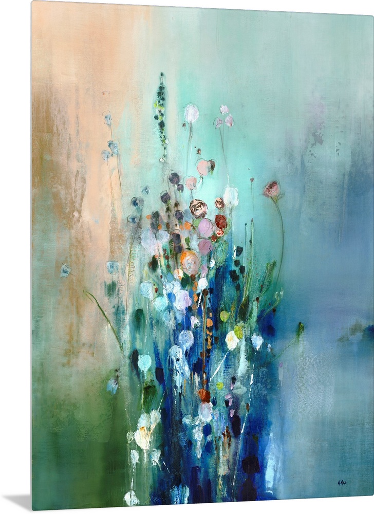 A contemporary abstract painting that resembles a bunch of tall wildflowers on a green and blue background