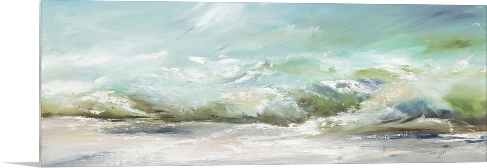 A contemporary panoramic painting of green ocean waves washing onto the sand - a calm image perfect for a beach cottage