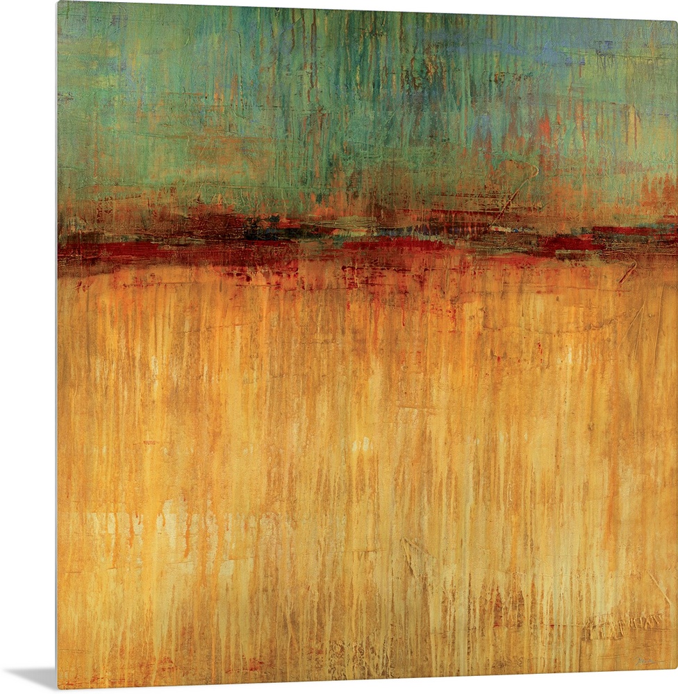 Big, square abstract artwork for a living room or office.  Smaller section of cooler colors at the top appear to drip vert...