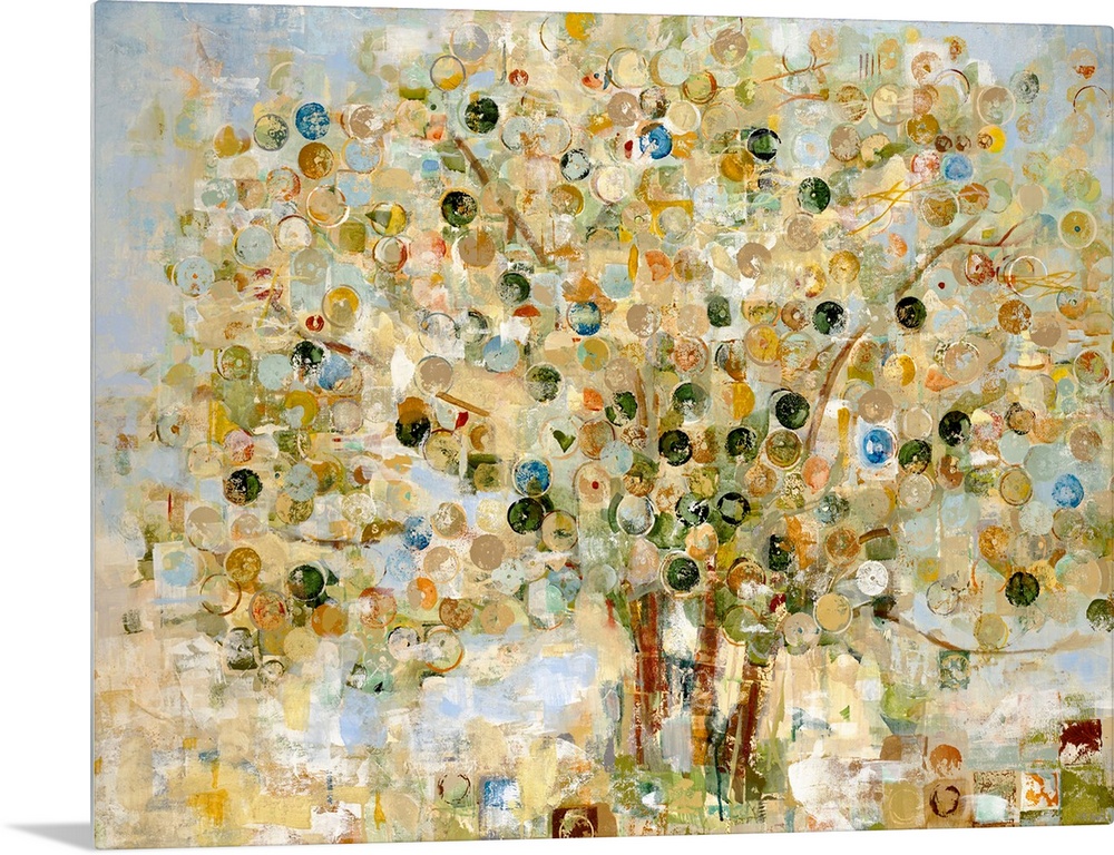 Large living room decor of an abstract landscape of a tree where the leaves are represented by circles.