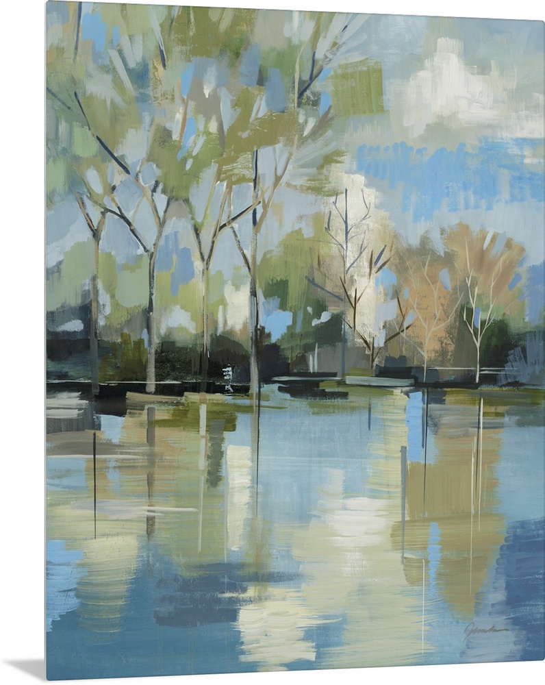 A serene contemporary painting of trees behind a lake painted in a blocky abstract style