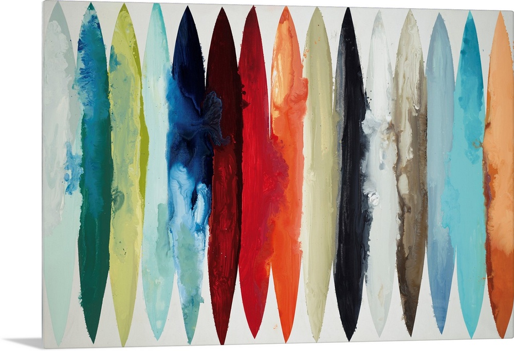 Contemporary abstract painting using oblong shapes in various colors.