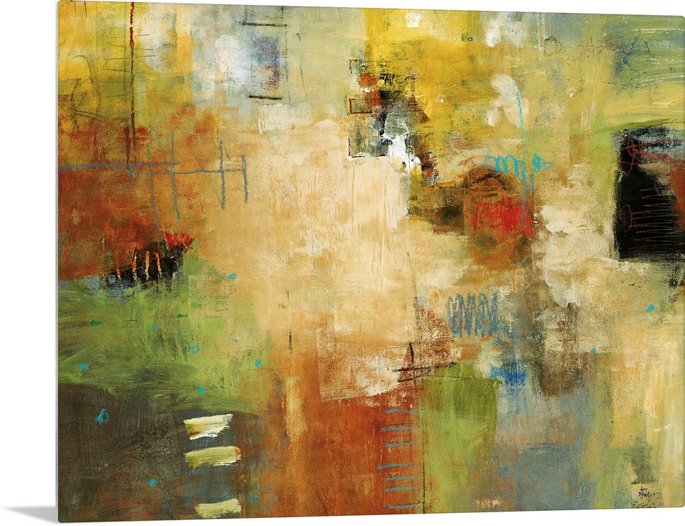 A horizontal abstract painting with a whimsical composition. This wall art is made by a variety of paint textures layers o...