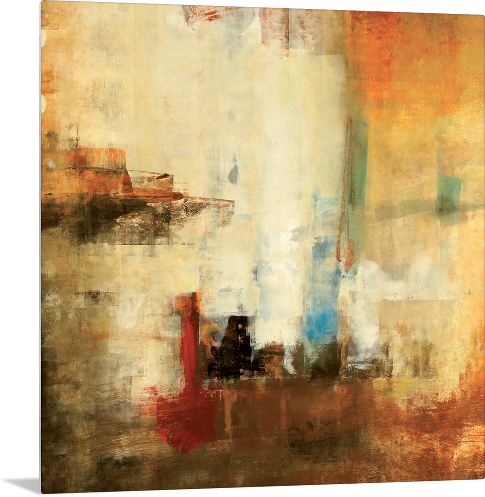 Huge abstract art that utilizes square shapes, Earthy tones and some rough texture.