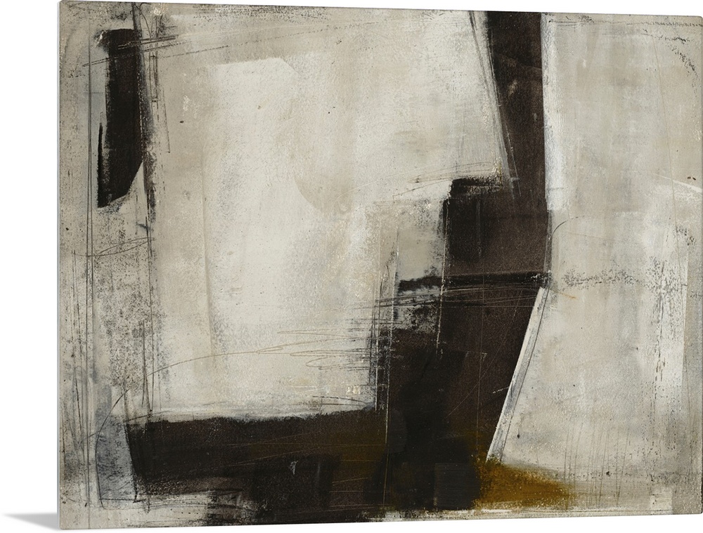 A bold, masculine abstract painting in moody neutrals with angular shapes, accented by charcoal scribbles