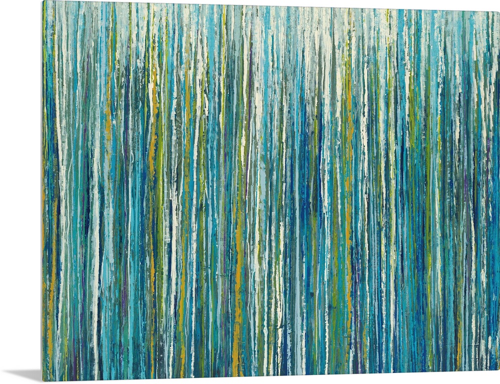Abstract painting with cool toned vertical lines layered on top and next to one another.