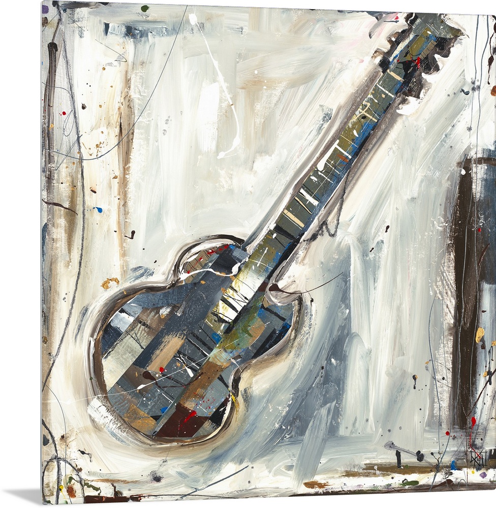 Contemporary abstract painting of musical instrument.  Brush strokes are visible along with paint splatter and drips.