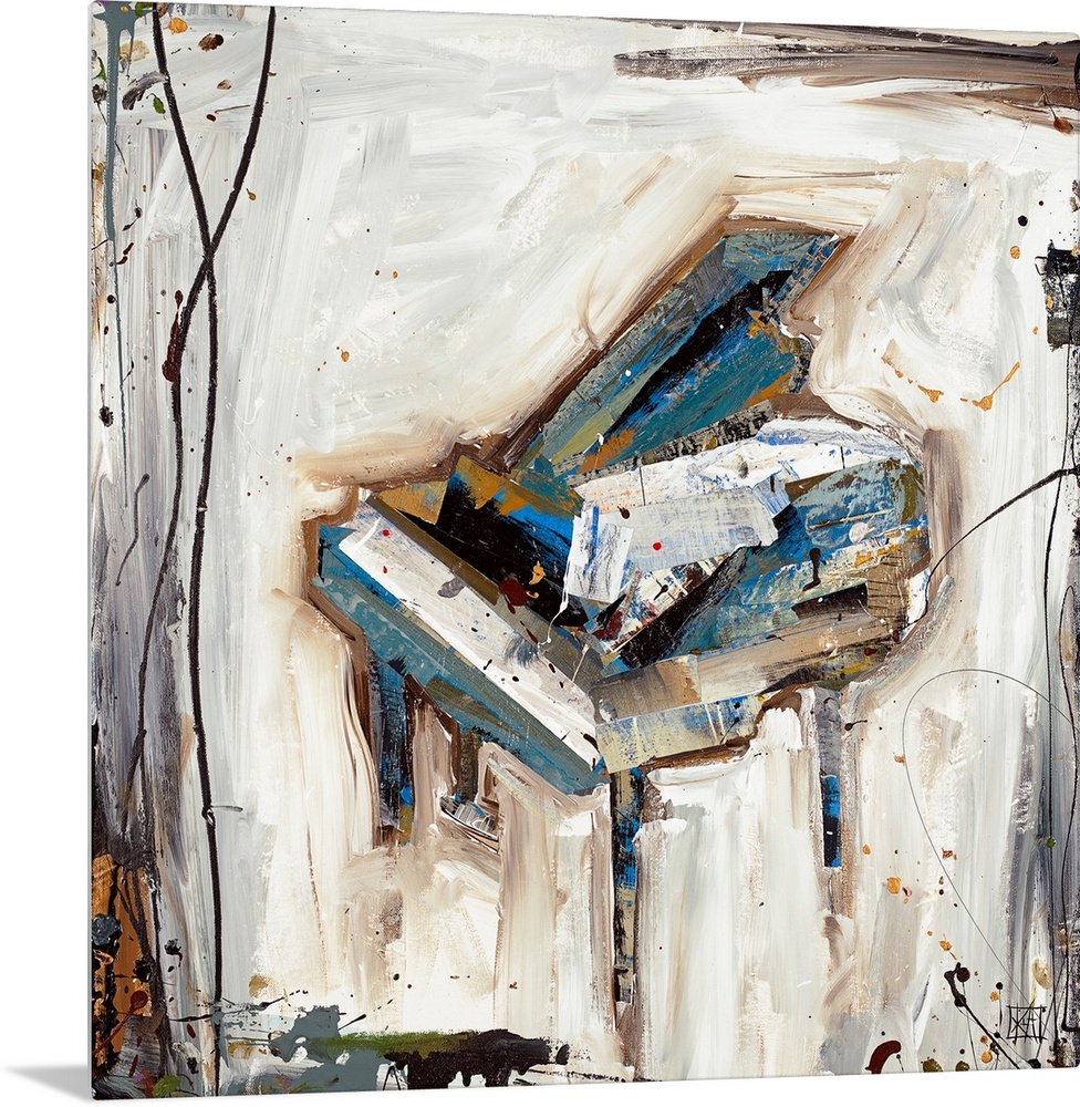 Huge contemporary art focuses on a grand musical instrument set against a background filled with light tones and highlight...