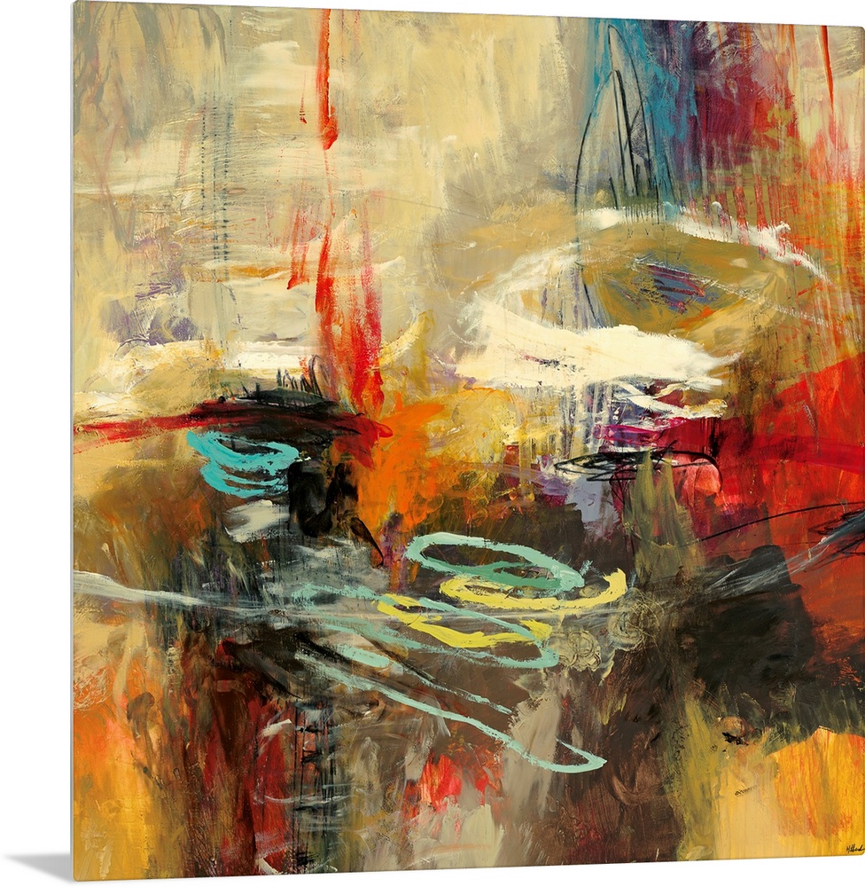 A chaotic blend of brush strokes on a square canvas with a centered composition.