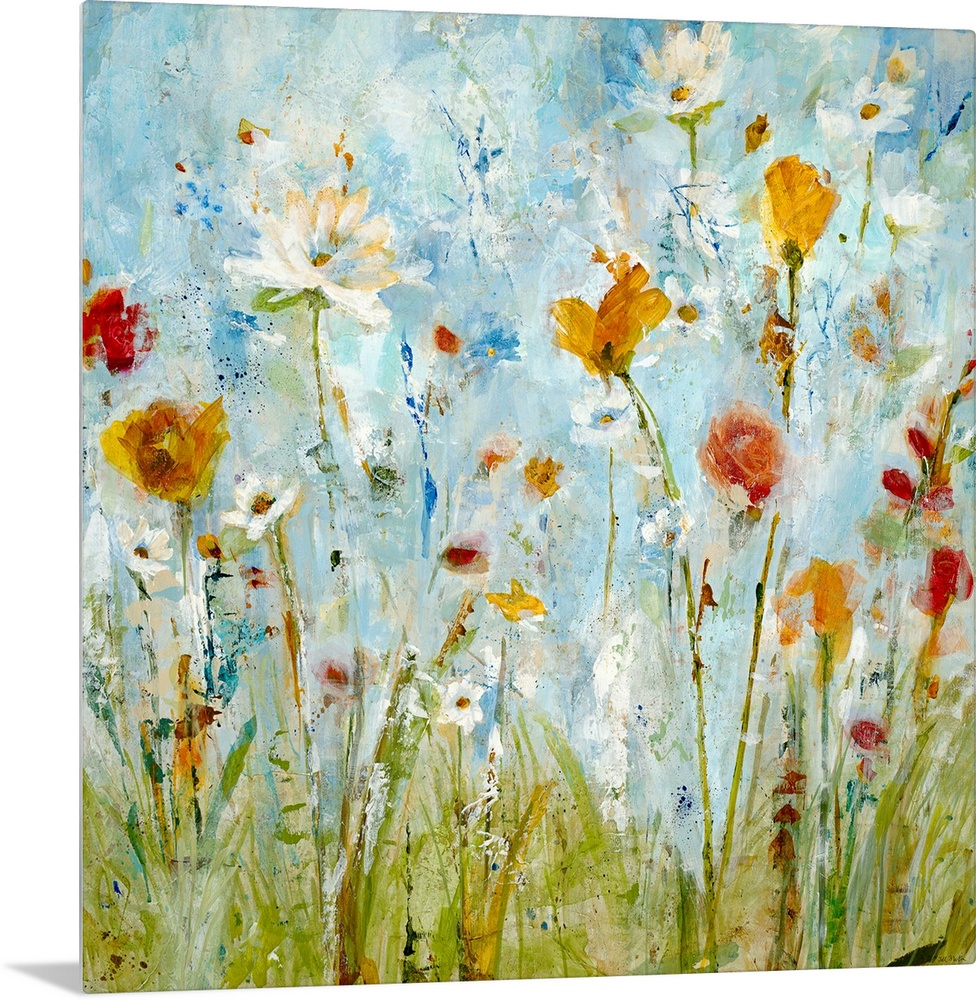 A vertical abstract landscape painting of loosely painted flowers and grass that reminiscent of a spring day.