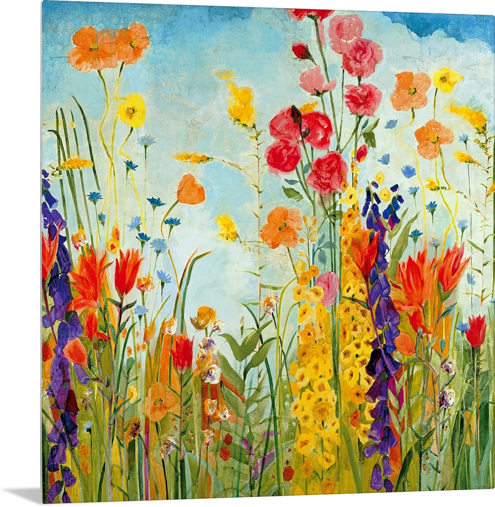 A square, contemporary painting of a variety of flowers on a sunny day. Floral wall art perfect for the home or office.