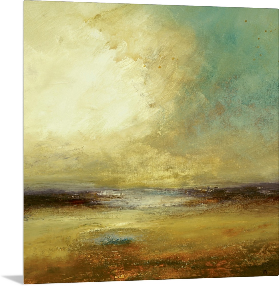 Large abstract landscape painting showcasing a cloudy sky over a beach and ocean.  This piece is composed of mostly Earthy...