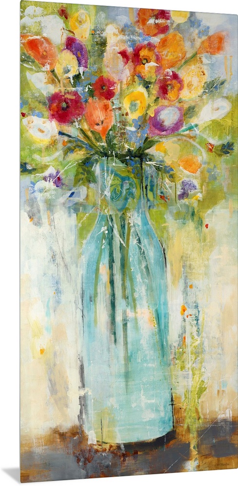 Large panel painting of colorful wildflowers in a glass vase.