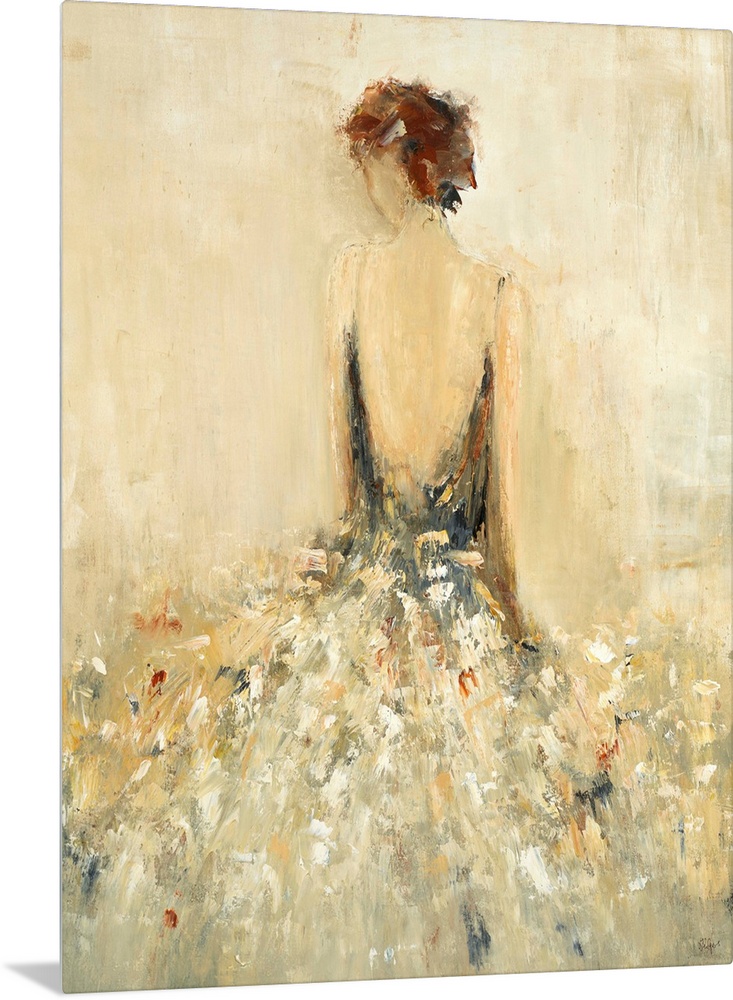 Abstract painting of the back of a woman wearing a flowing gown in neutral tones.