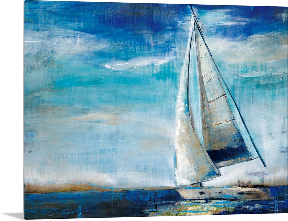 Large, horizontal painting of a sailboat in deep blue waters, against a sky of whipping clouds. Painted with quick, wispy ...