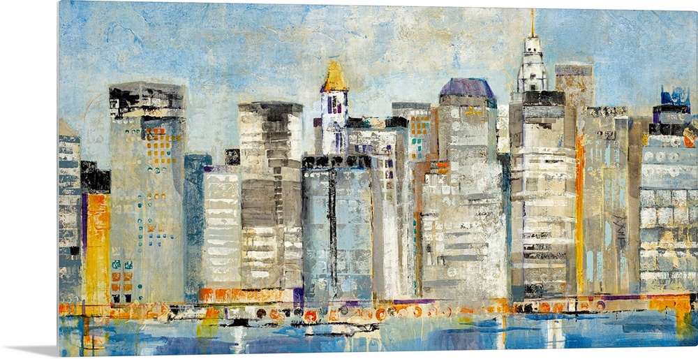 Contemporary abstract painting of a cityscape with buildings and boats reflected on the waterfront.