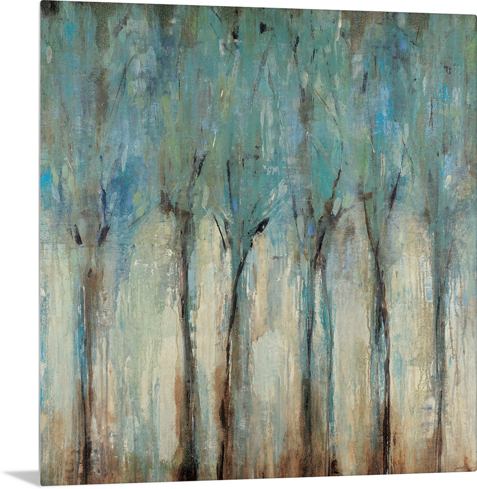 An abstract square wall art painting with layers of messy paint arranged in vertical shapes reminiscent of trees.
