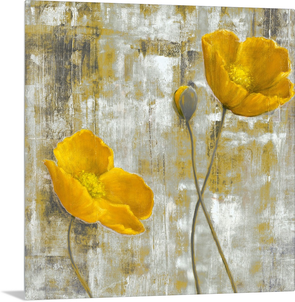 Contemporary artwork of two yellow flowers and a third budding flower. The background is abstract with colors that complim...